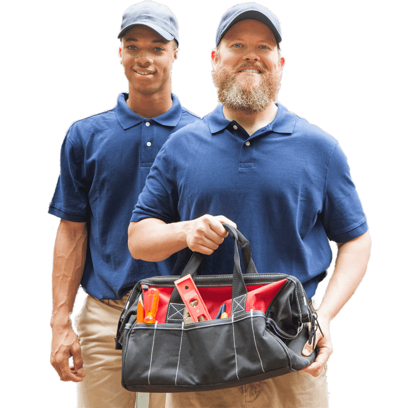 two men, with blue shirts and a tool bag